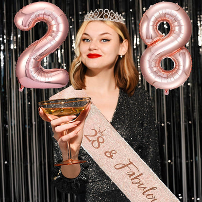 8pcs 40th Birthday Decorations gifts for Women, Including 40th Happy Birthday Cake Topper, Queen Sash with Pearl Pin, Sweet Rhinestone Tiara Crown for Women, Number Candles and Balloons (Rose Gold)