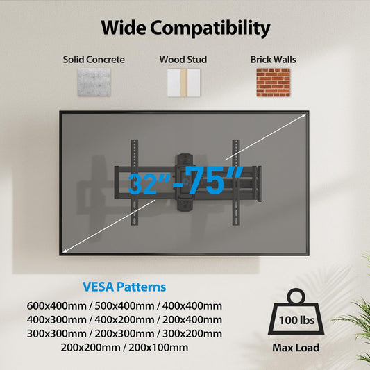 Pipishell Full-Motion Long-Arm TV Wall Mount for 32-75 Inch TVs up to 100 lbs, Wall Mount TV Bracket with 32.37” Extension, Swivel & Tilt, Space-Saving Corner TV Mount, Max VESA 600x400mm, PILF18 - PuriLite