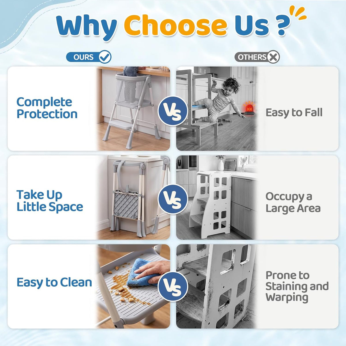 Orzbow Toddler Tower, Foldable Step Stool Kitchen Helper, Safety Rail & Net