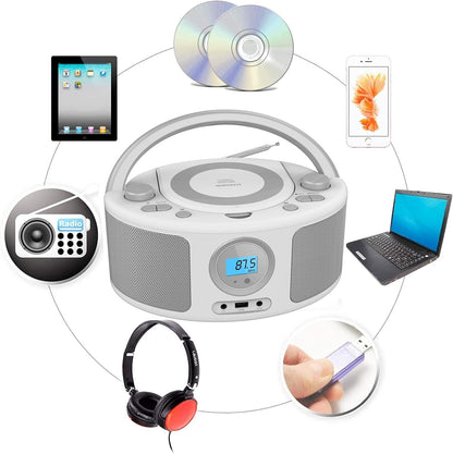 Portable CD Player Boombox with Bluetooth,FM Radio Stereo,USB MP3 Playback,CD-R/CD-RW/MP3-CD Compatible,3.5mm Headphone Jack, AC/Battery Powered, Programmable CD Player