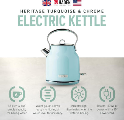 Haden 75041 Heritage 1.7 Liter (7 Cup) Stainless Steel Electric Kettle with Auto Shut-Off and Boil Dry Protection, Black/Copper