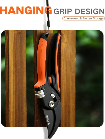 VOTREK Pruning Shears - 8.5" Heavy Duty Bypass Pruners for Gardening with Built-in Spring & SK5 Steel Blades - Ergonomic Adjustable Handle for All Hand Sizes, Garden Clipper Plant Scissors for Branch