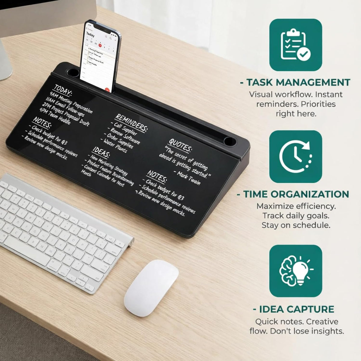 Ideal Swan Glass Desk Whiteboard with Storage, Black Desktop Whiteboard