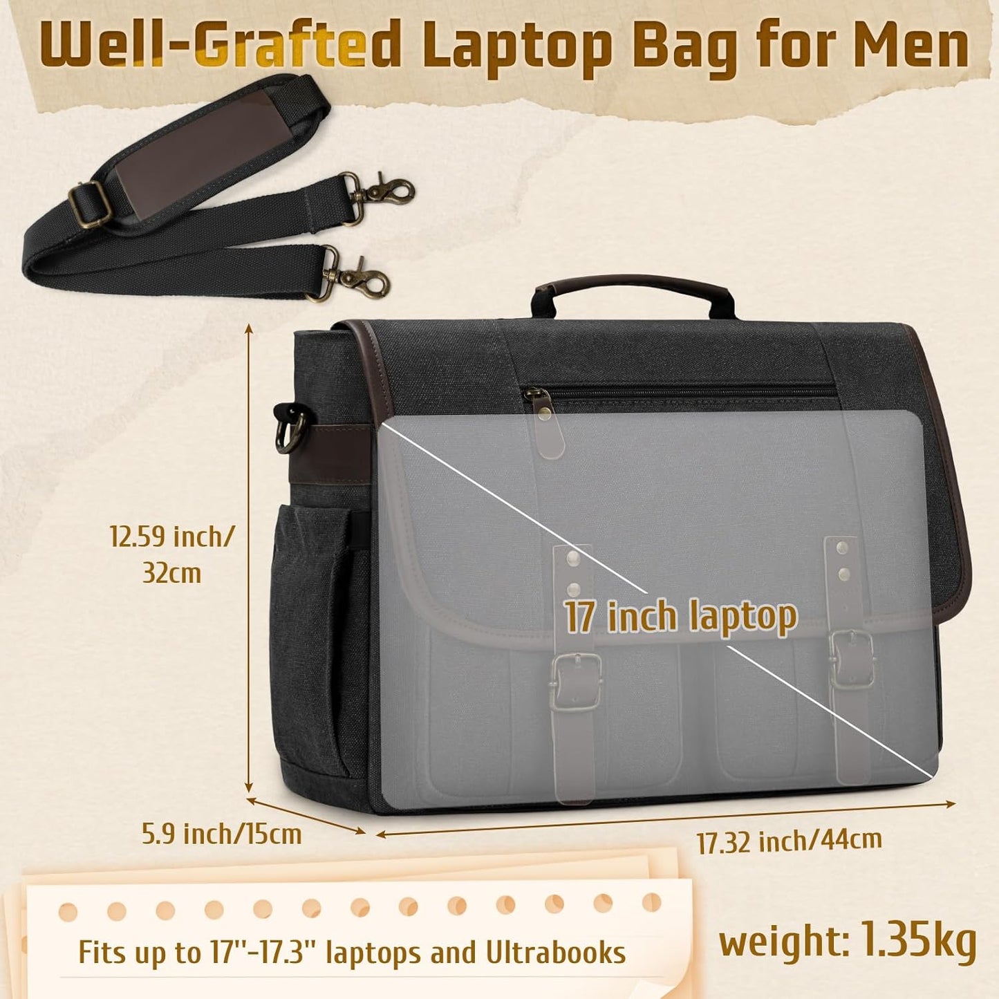RAINSMORE Canvas Messenger Bag Men 17-17.3 Inch Laptop Bag Computer Briefcase Water Resistant Satchel Bag for Men Work Office - PuriLite