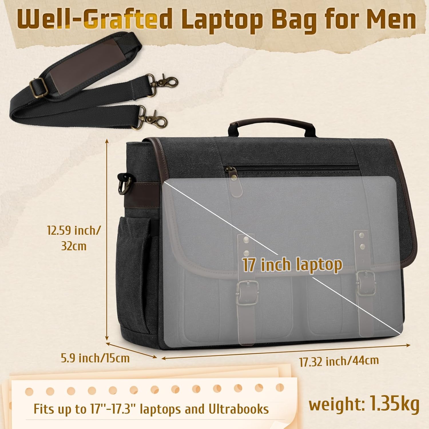 RAINSMORE Canvas Messenger Bag Men 17-17.3 Inch Laptop Bag Computer Briefcase Water Resistant Satchel Bag for Men Work Office - PuriLite