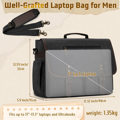 RAINSMORE Canvas Messenger Bag Men 17-17.3 Inch Laptop Bag Computer Briefcase Water Resistant Satchel Bag for Men Work Office - PuriLite