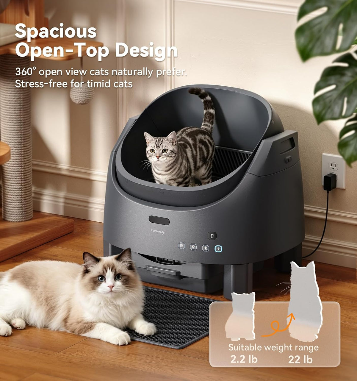 Automatic Cat Litter Box, FeelNeedy Self Cleaning Litter Box with App Control,Odor-Free Safety Sensor Design for 1-3 Cats,Open-Top Smart Litter Box Includes Waste Bags,litière automatique Pour Chat