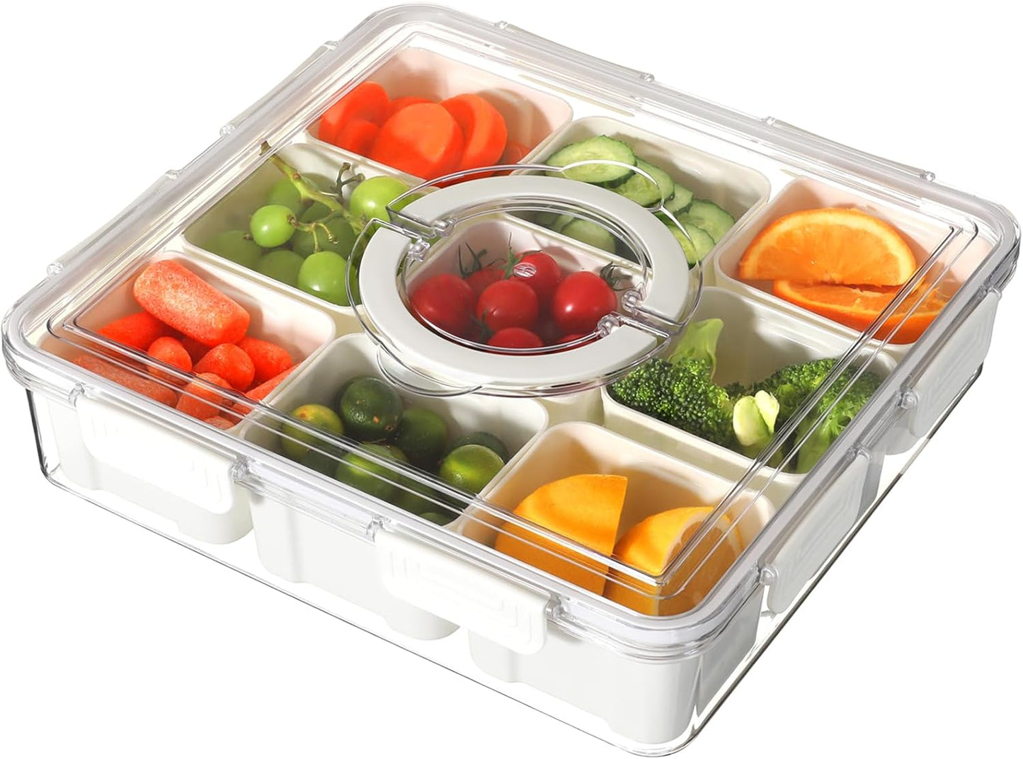 Taiuloo Divided Serving Tray with Lid & Handle, Airtight 6 Compartment Snackle Box Charcuterie Container, Fridge Organizer Bins, Food Storage Container Veggie Tray for Snack, Fruit, Salad, Nut