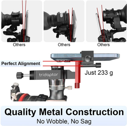 tridaptor - Universal Phone Scope Digiscoping Adapter|High-Precision XYZ Metal Telescope Mount 3-Axis Smartphone Holder for Spotting Scope Monocular Binos|Fits All Cell Phone Camera/Max 2.4" Eyepiece