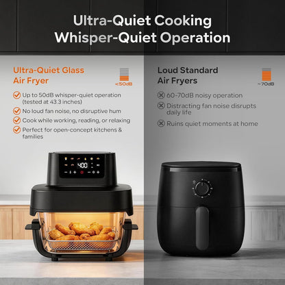 Glass Air Fryer Non Toxic, 6.3QT & 4.4QT Air Fryer with Dual Glass Baskets with Lids, 8-in-1 Portable Air Fryers Cristal, PFOA & PFAS-Free, Dishwasher Safe, Crispy Family Meals