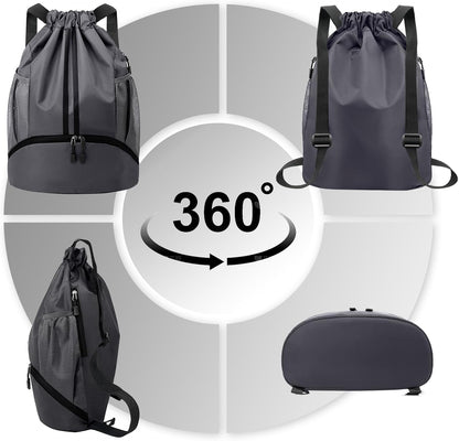 Hoedia Sports Drawstring Backpack - String Swim Gym Bag with Shoes Compartment and Wet Proof Pocket for Women/Men