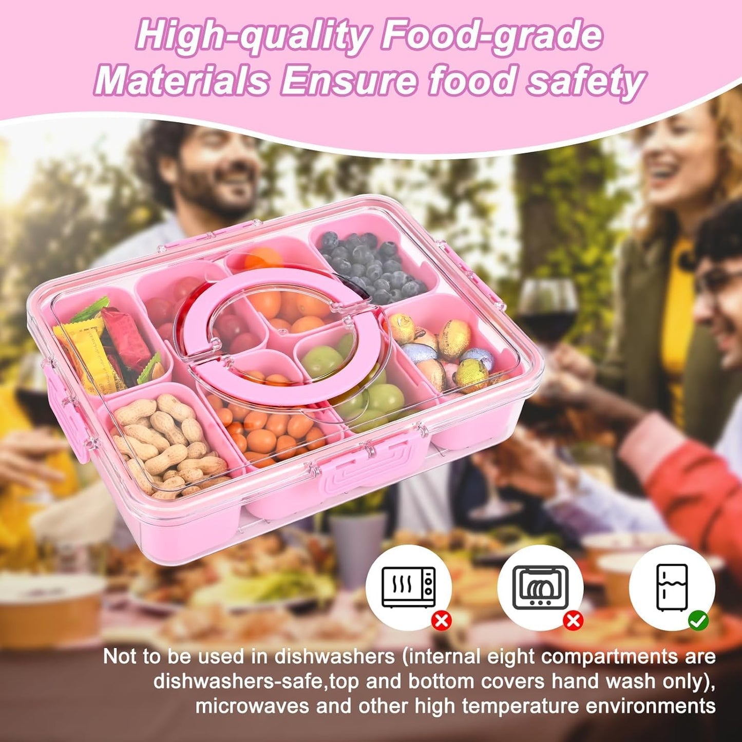 KIGITIONE Snackle Box, Pink 8 Compartments Portable Serving Tray, Divided Snackle Box Container with Lid and Handle, Snack Organizer for Fruits, Snacks, Nuts, Candy, Ideal for Party, Travel & Picnics