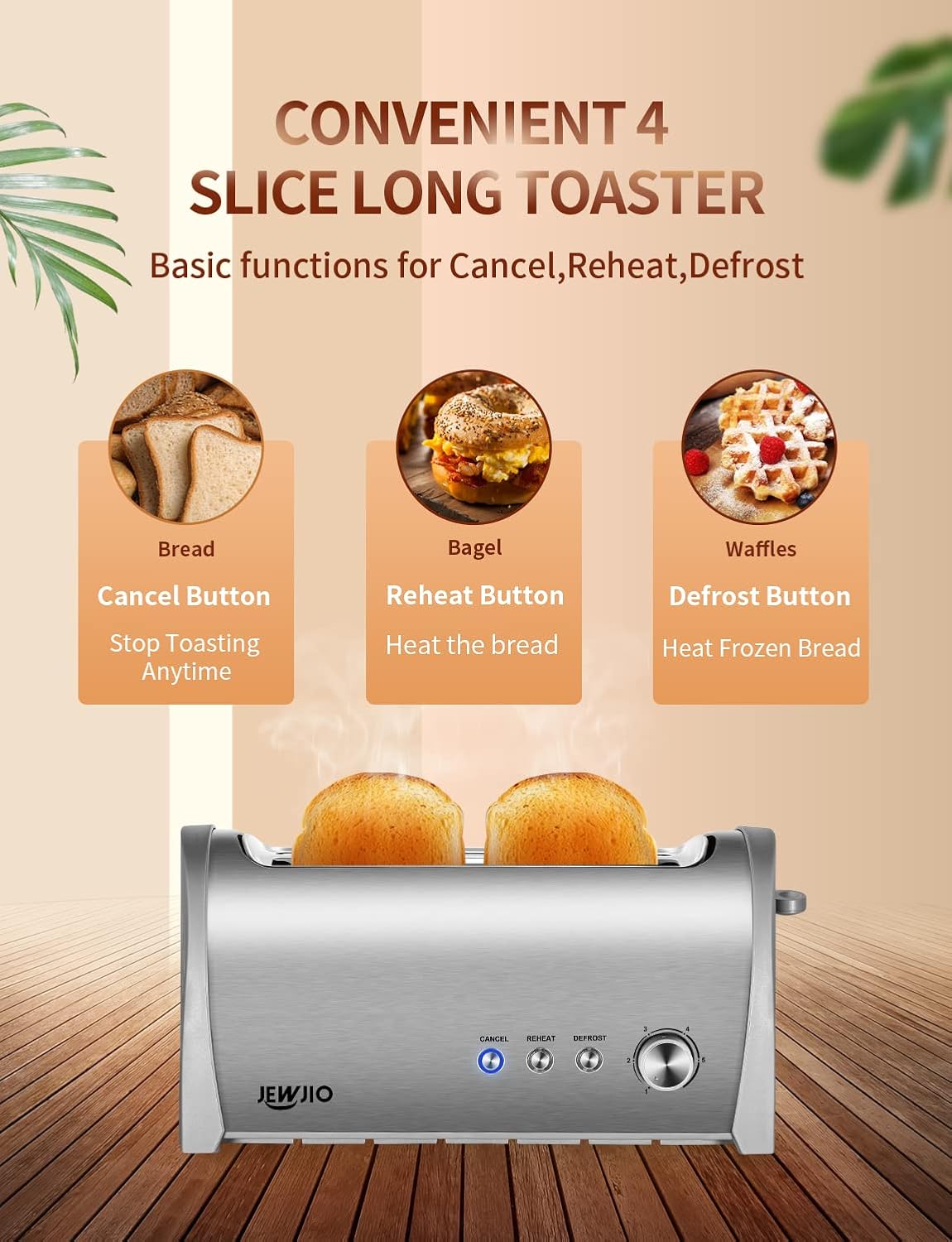 4-Slice Toaster with Extra-Wide 1.25" Slots & Independent Controls | 1300W for Fast, Even Heating | Defrost, Reheat, Cancel Functions | Removable Crumb Tray Brush Silver