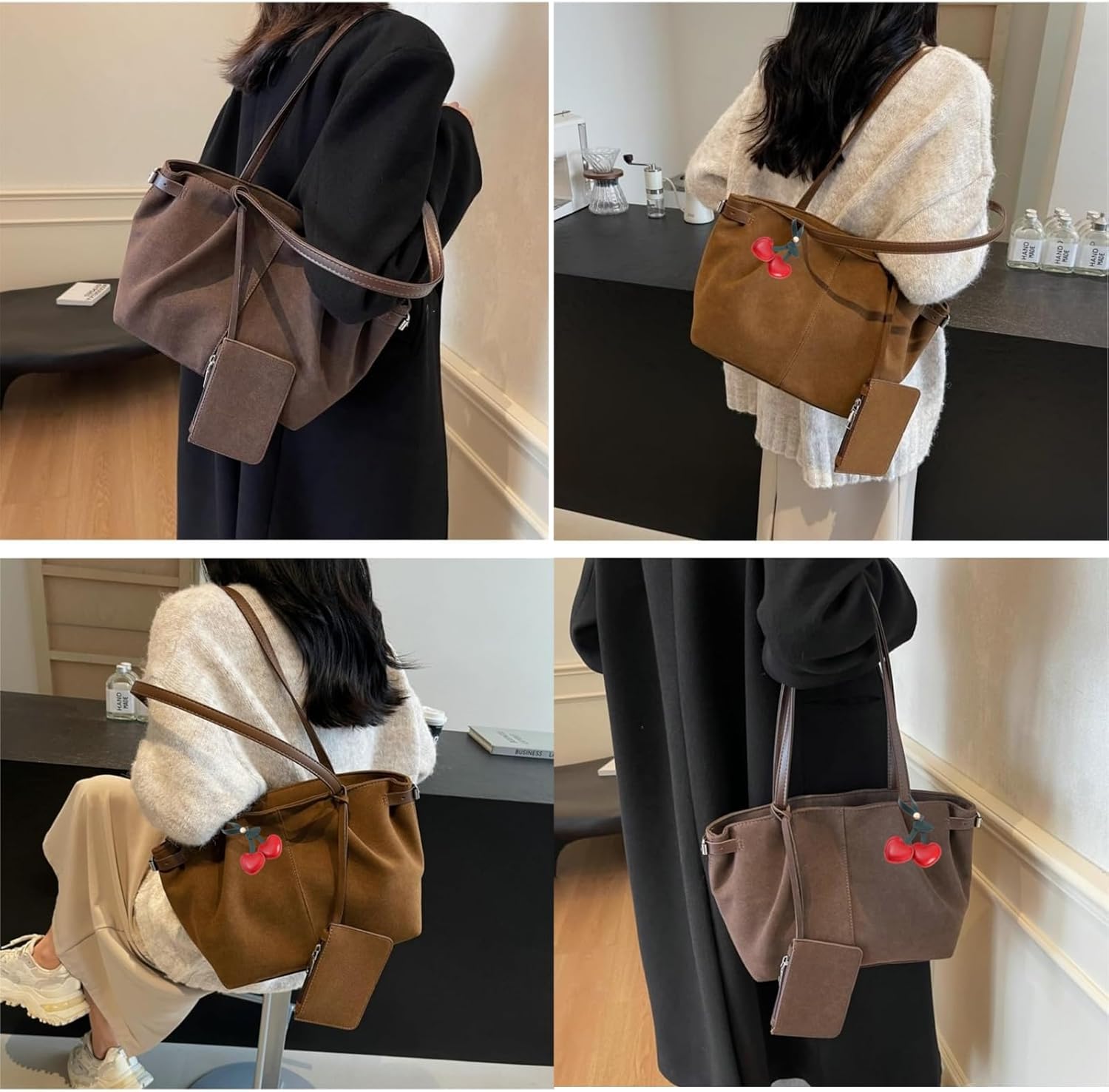 Purilite Select | Suede Shoulder Bag for Women | Pleated Vintage Hobo Tote | Medium Underarm Satchel with Charm Pendant - PuriLite