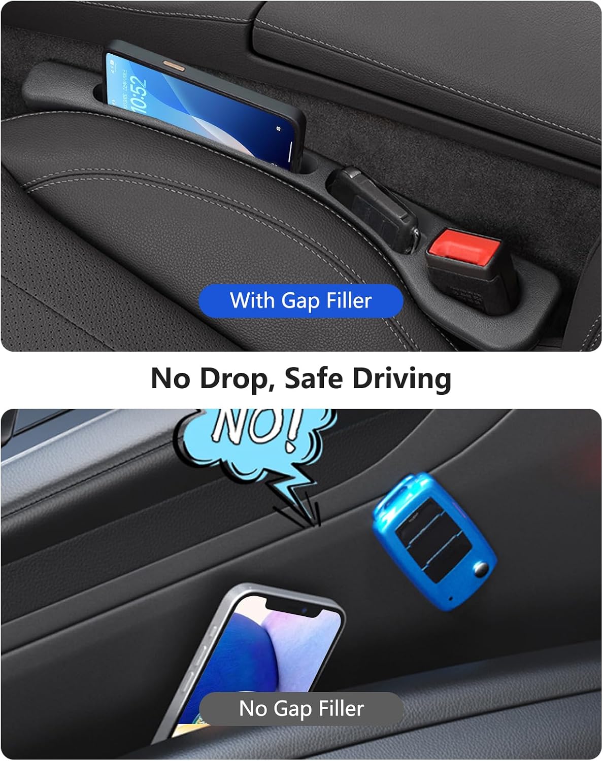 Car Seat Gap Filler, 2 Pack No-Drop Seat Side Gap Seam Filler Organizer Universal Fit Fill the Gap Between Seat & Console, Perfect for Car, SUV, Truck Black