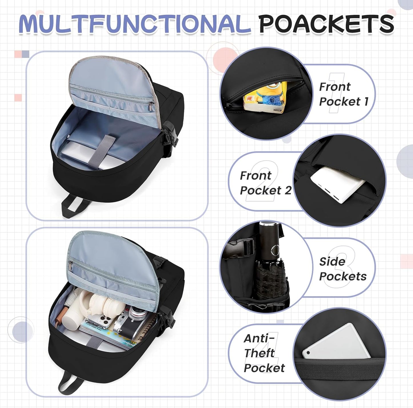 School Backpack for Women Men College High School Bags for Boys Girls Casual Daypack Laptop Backpack Waterproof Black Bookbag Travel Rucksack