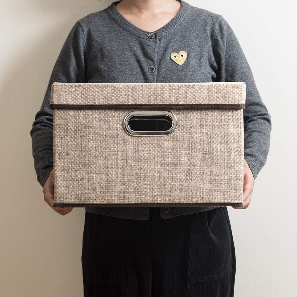 PRANDOM Large Foldable Storage Bin with Lid [1-Pack] Linen Fabric Decorative Storage Box Organizer Containers Basket Cube with Handles Divider for Bedroom Closet Office Living Room (17.7x11.8x11.8")