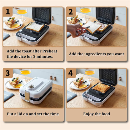White 3 in 1 timing Sandwich Maker with Non-Stick Plates Indicator Lights and Lock Feature 600W Electric Panini Press, Pizza Pockets, Quesadillas, Waffle Breakfast Grilled Cheese Egg Bacon
