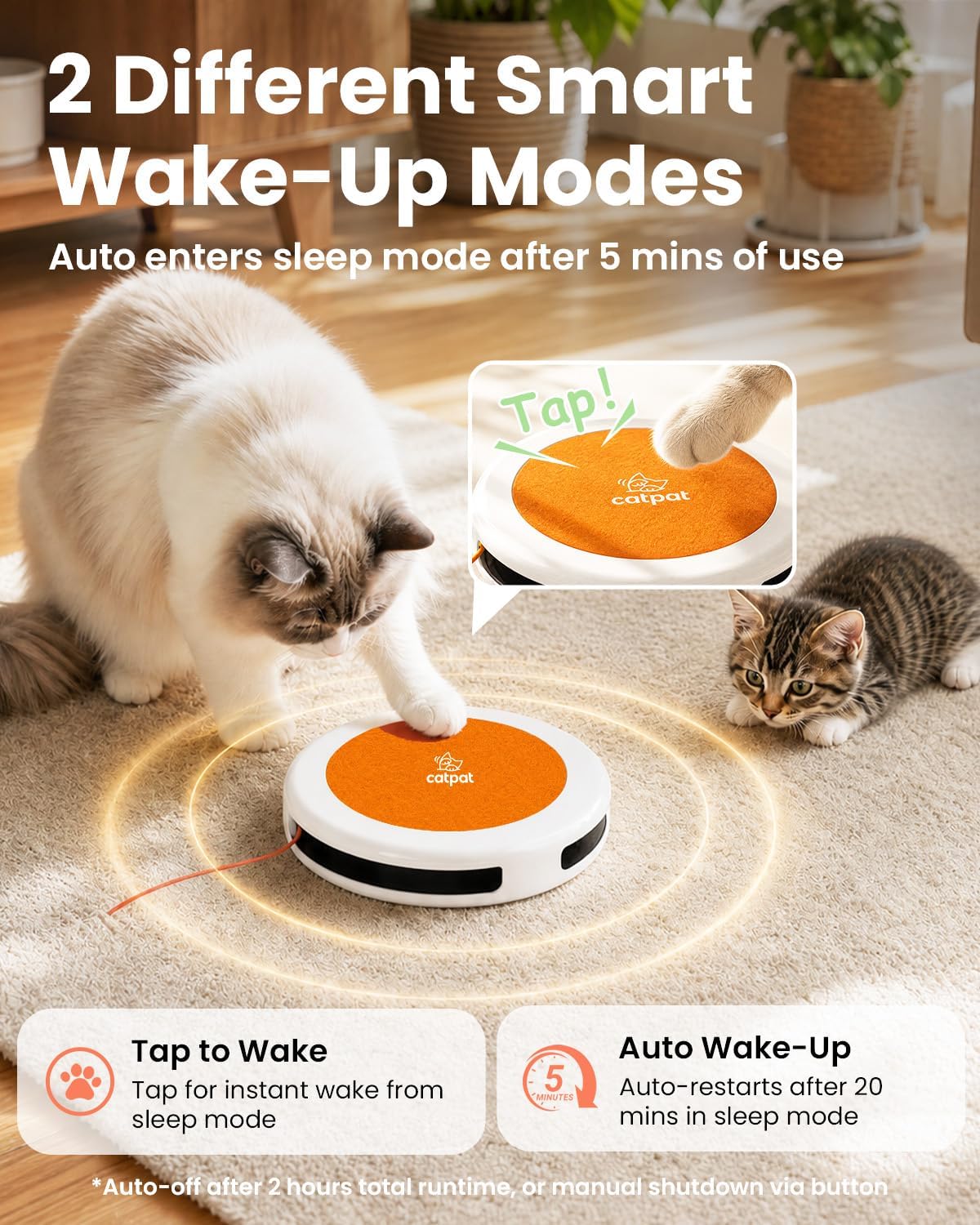 Interactive Cat Toys for Indoor Cats, Automatic Cat Toy with Tap to Wake & Auto Restart Modes, Battery Powered Self Play Toy with Replaceable Swinging String for Hunting & Daily Exercise
