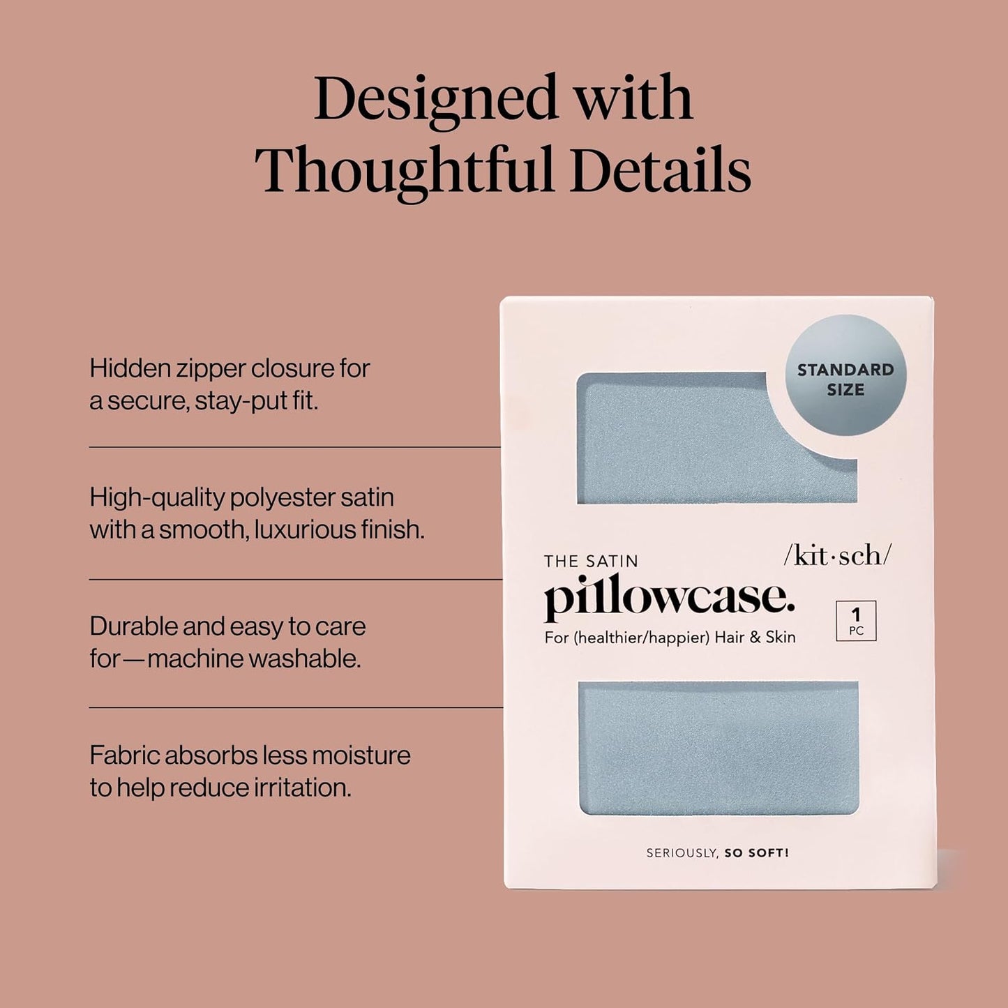 Kitsch Satin Pillowcase with Zipper, Standard Size 19"x26" - Haze Blue | Softer Than Silk Pillow Cases, Smooth Cooling Satin Pillow Case for Hair and Skin, Wrinkle-Free, Machine Washable