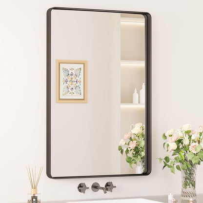 Keonjinn 42 x 36 Brushed Nickel Bathroom Vanity Mirror, Large Rounded Rectangle Bathroom Mirrors for over Sink, Metal Framed Silver Mirror for Wall, Shatterproof HD Tempered Glass(Horizontal/Vertical)