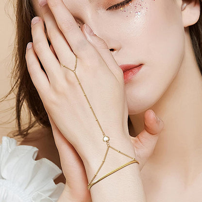 Hand Chain Ring Bracelet For Women, 14k Gold Plated Dainty Cubic Zirconia Minimalist Finger Ring Bracelet, Trendy Stuff Jewelry Gifts To Wife Girfriend Daughter Sister BBF, 17.5cm/7.5cm