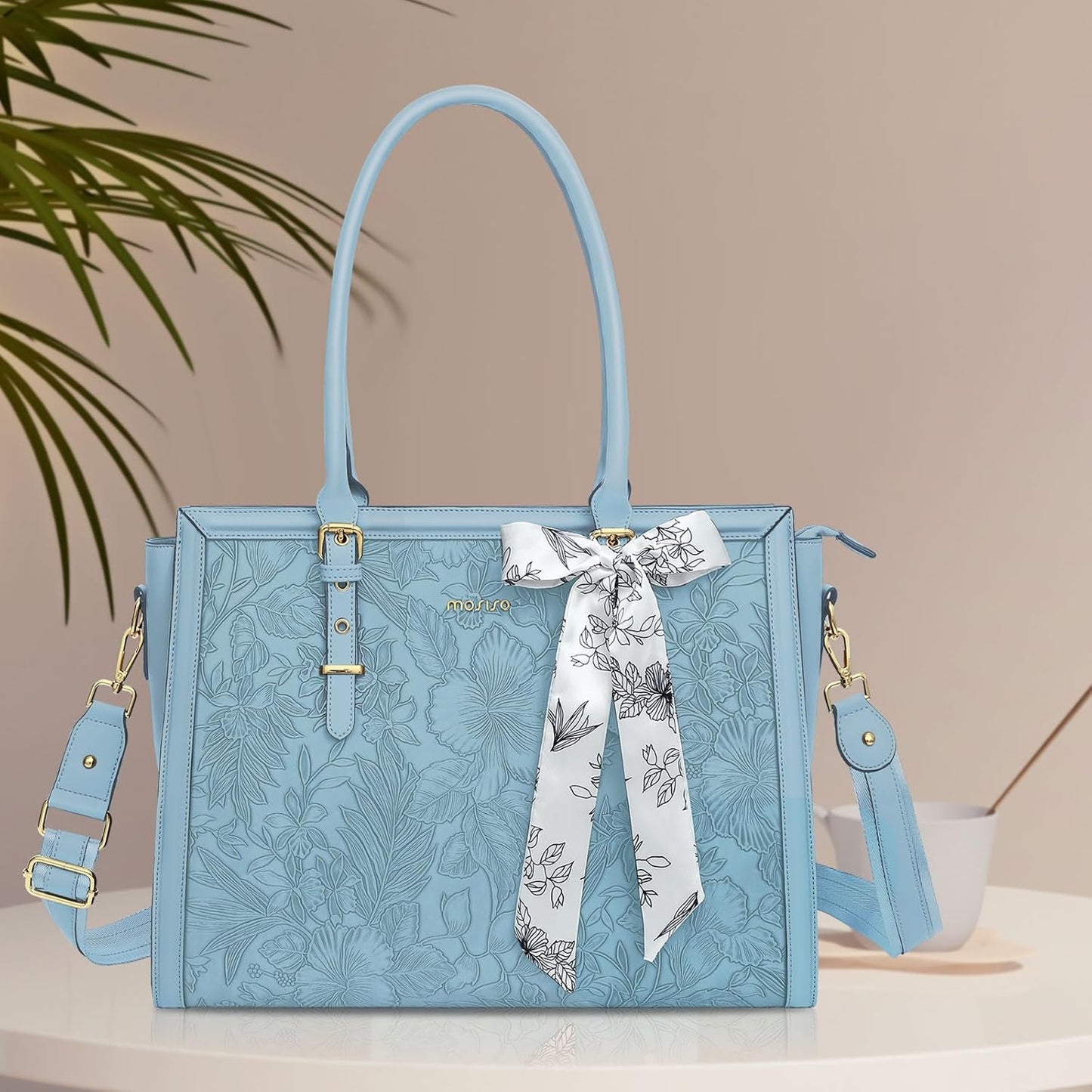 MOSISO Laptop Bag for Women, 17-17.3 inch PU Leathe Tote Bag Compatible with MacBook, HP, Dell, Asus Notebook, Front Embossed Retro Hibiscus Computer Bag with Silk Scarf&Clutch Purse, Gray - PuriLite