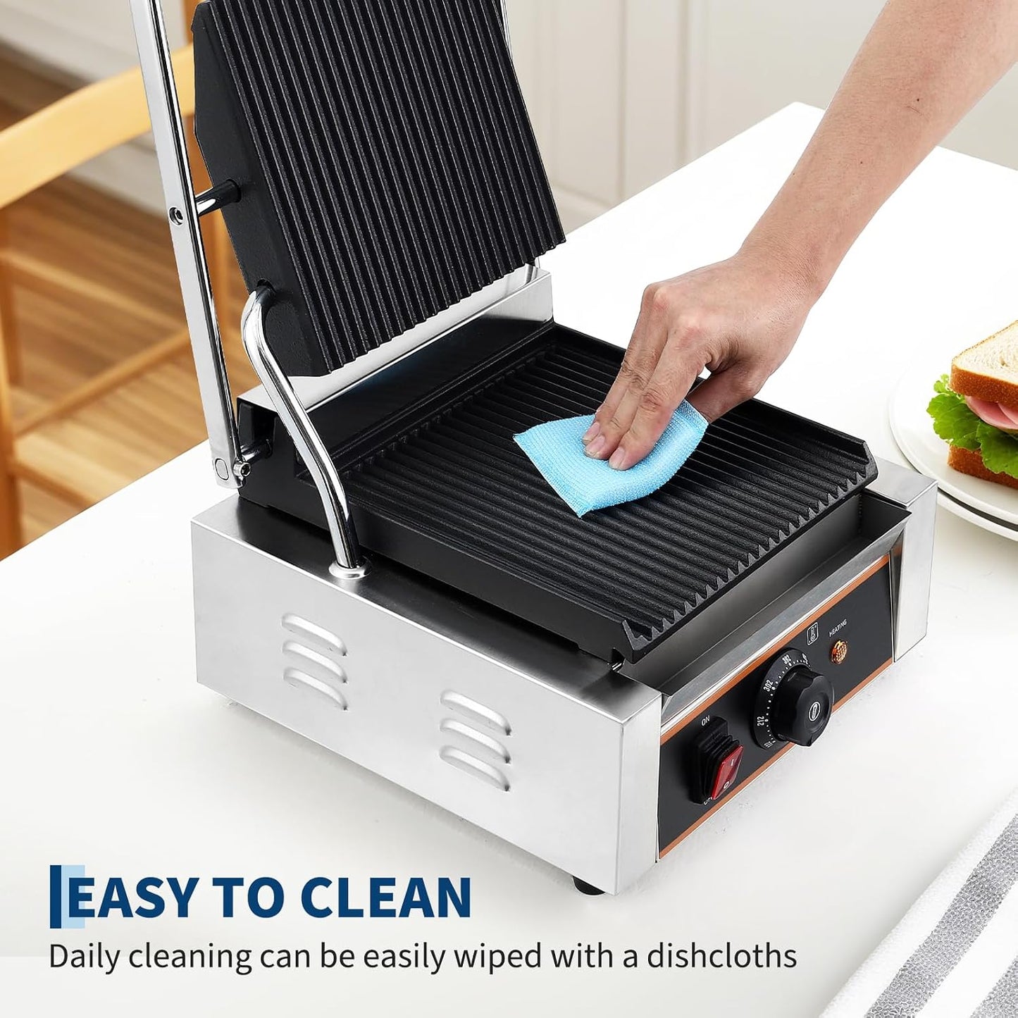 1800W Commercial Panini Press Grill - Stainless Steel Sandwich Maker - 9"x9" Full Grooved Surface - 6 Temp Settings - Ideal for Burgers, Steaks, Cafés - 110V, American Plug - Size: 6-Level
