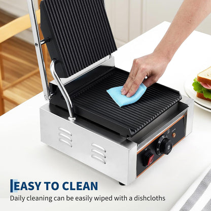 1800W Commercial Panini Press Grill - Stainless Steel Sandwich Maker - 9"x9" Full Grooved Surface - 6 Temp Settings - Ideal for Burgers, Steaks, Cafés - 110V, American Plug - Size: 6-Level