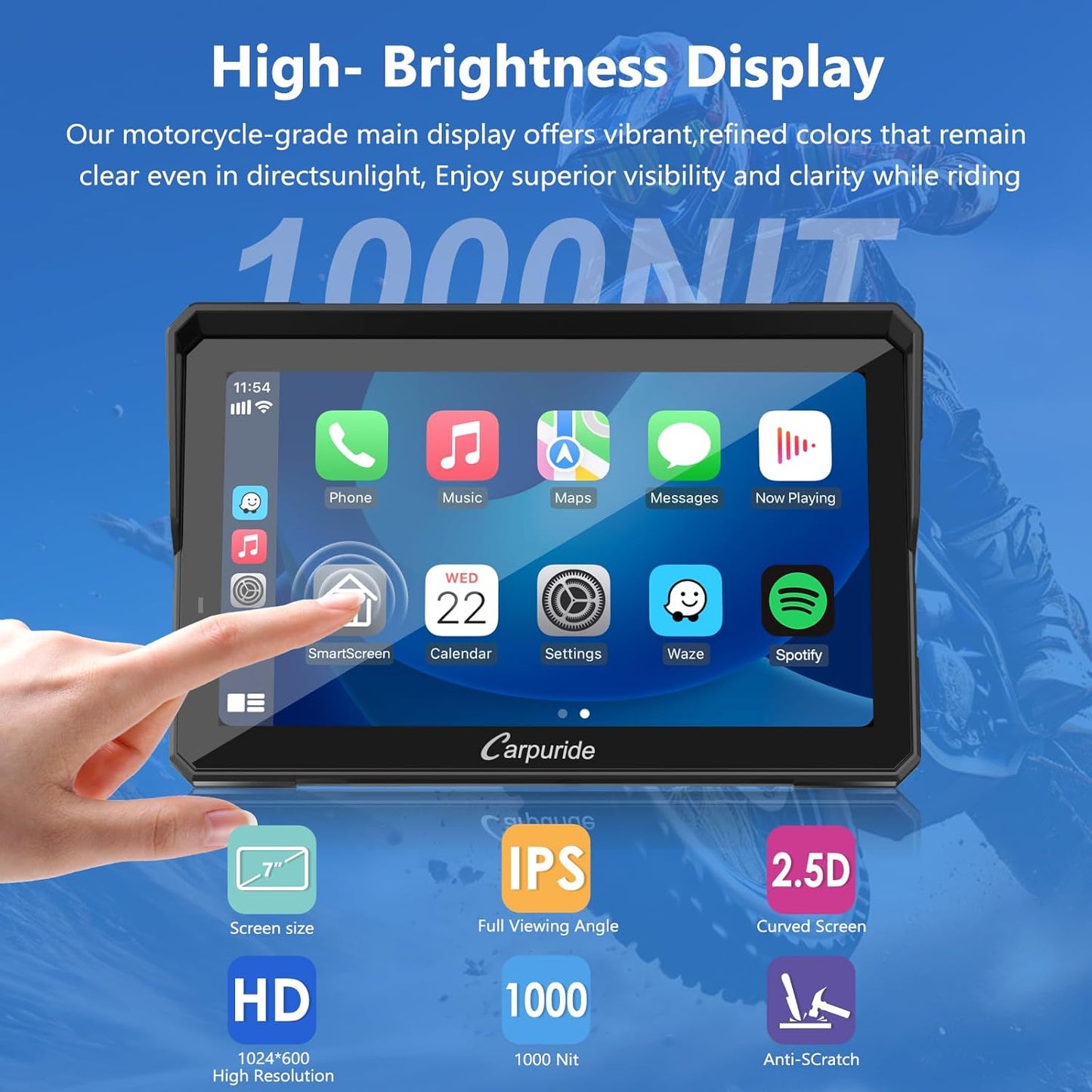2025 CARPURIDE W702BS PRO for BMW Motorcycle CarPlay & Android Auto Dual Bluetooth, 7" Waterproof GPS Navigation Screen, Data Reading,Native Wonder, TPMS, Light Sensor, Music Sharing, Intercom, 16-Pin