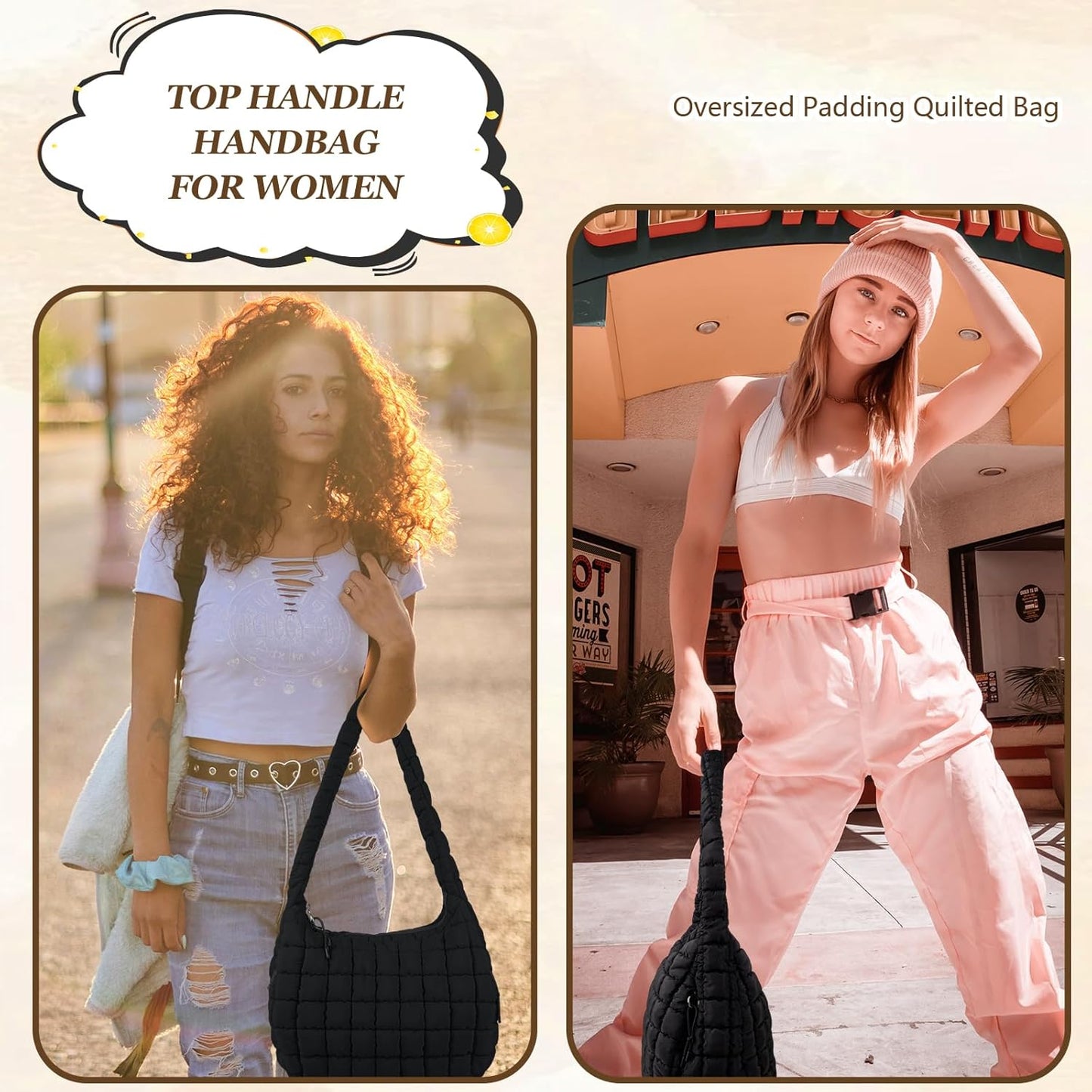 Quilted Puffer Tote Bag Large Crossbody Shoulder Bag with Zipper, Nylon Hobo Oversized Handbag