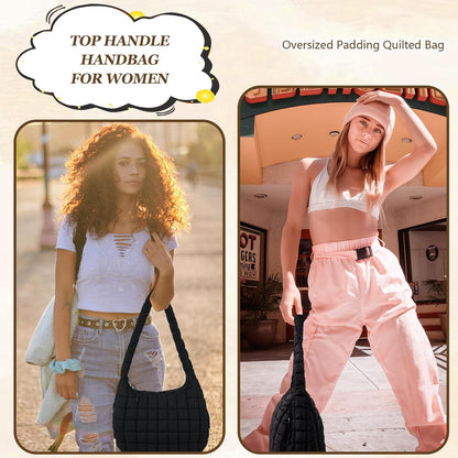 Quilted Puffer Tote Bag Large Crossbody Shoulder Bag with Zipper, Nylon Hobo Oversized Handbag