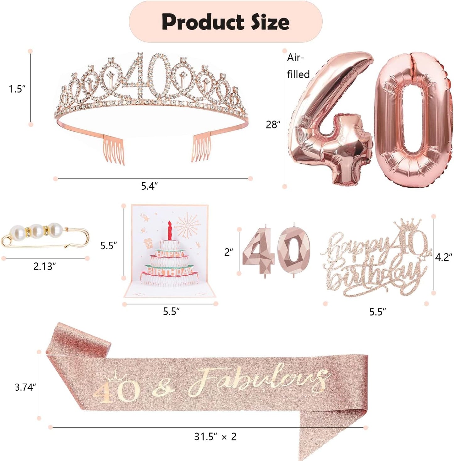 8pcs 40th Birthday Decorations gifts for Women, Including 40th Happy Birthday Cake Topper, Queen Sash with Pearl Pin, Sweet Rhinestone Tiara Crown for Women, Number Candles and Balloons (Rose Gold)