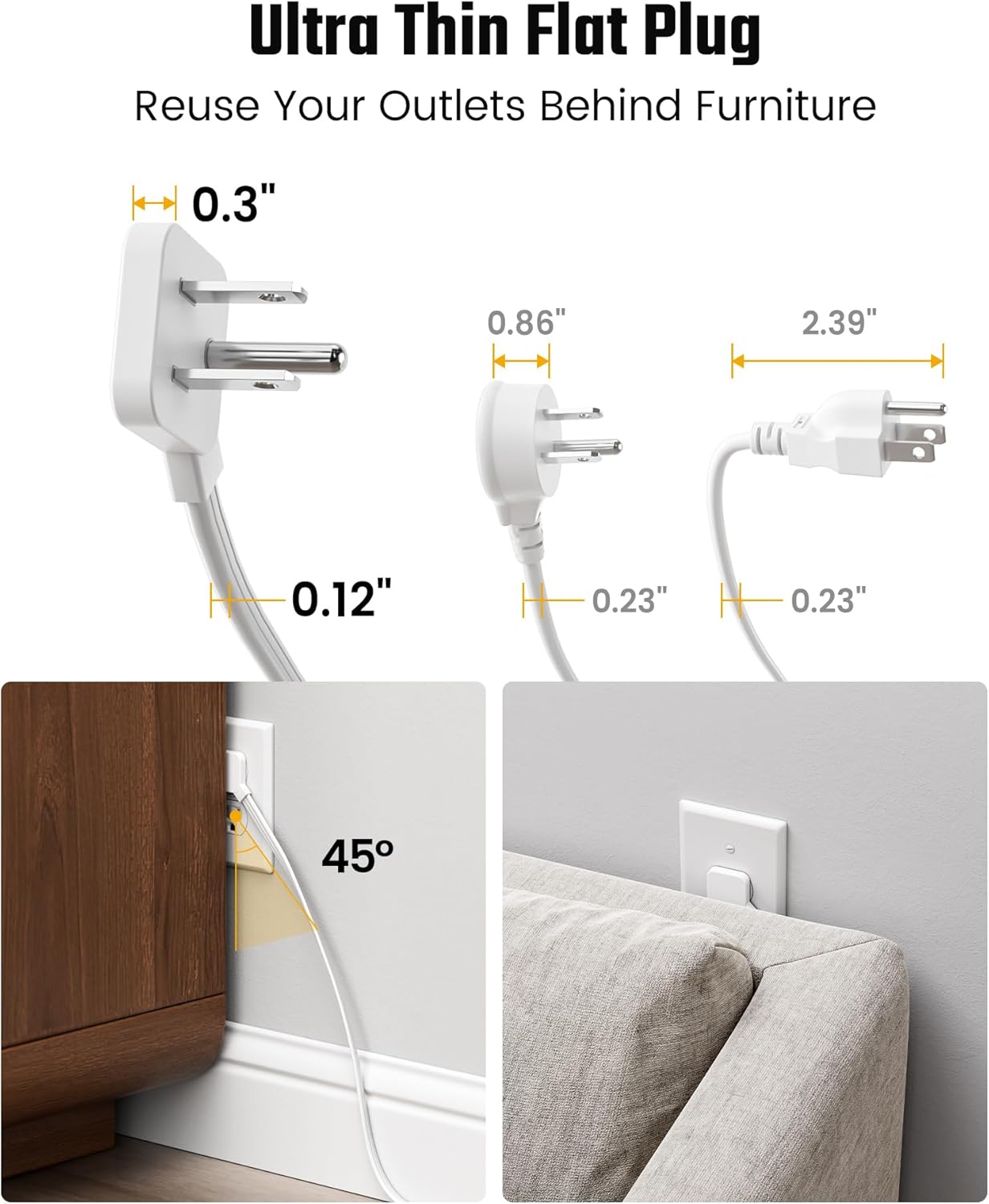 10 Ft Extension Cord, Surge Protector Power Bar with 6 Outlets & 4USB Ports (2 USB 2 C), Mountable Flat Plug Power Strip, Surge Protection for Home, Office, Dorm