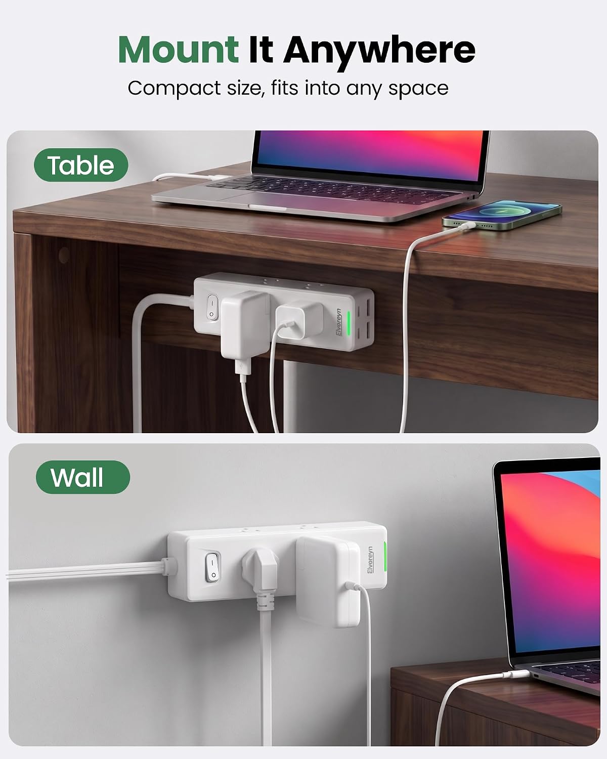 6 FT Flat Plug Extension Cord Power Bar with 6 Outlets and 4 USB