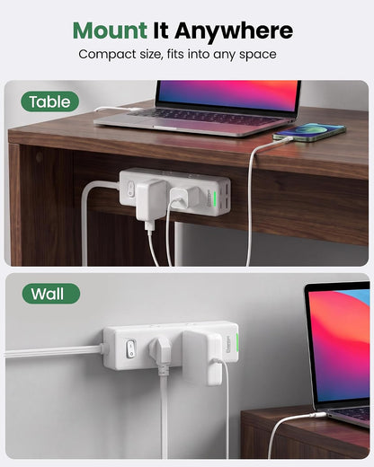 6 FT Flat Plug Extension Cord Power Bar with 6 Outlets and 4 USB