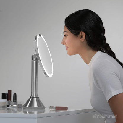 simplehuman 8" Round Sensor Makeup Mirror with Touch-Control Dual Light Settings, 5x Magnification, Rechargeable and Cordless, Brushed Stainless Steel, 8"