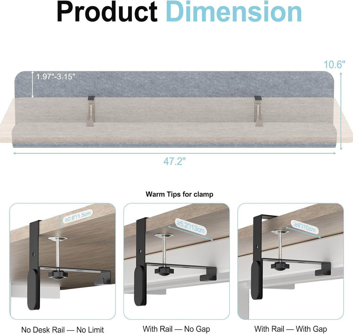 Under Desk Cable Management Tray, 47.2" Felt Cord Organizer with No Drill Clamp or Screw Mount, Hidden Wire Management for Power Strips & Cables, Cable Tray Under Desk for Home Office
