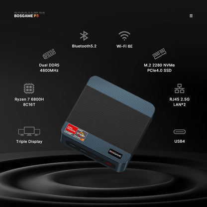 BOSGAME Mini PC P4, Desktop Computers Ryzen 7 5825U PC, Dual LAN Mini Gaming PC,16GB DDR4 RAM, 512GB NVMe SSD, 4K Triple Display, Wi-Fi 6E, Bluetooth 5.2