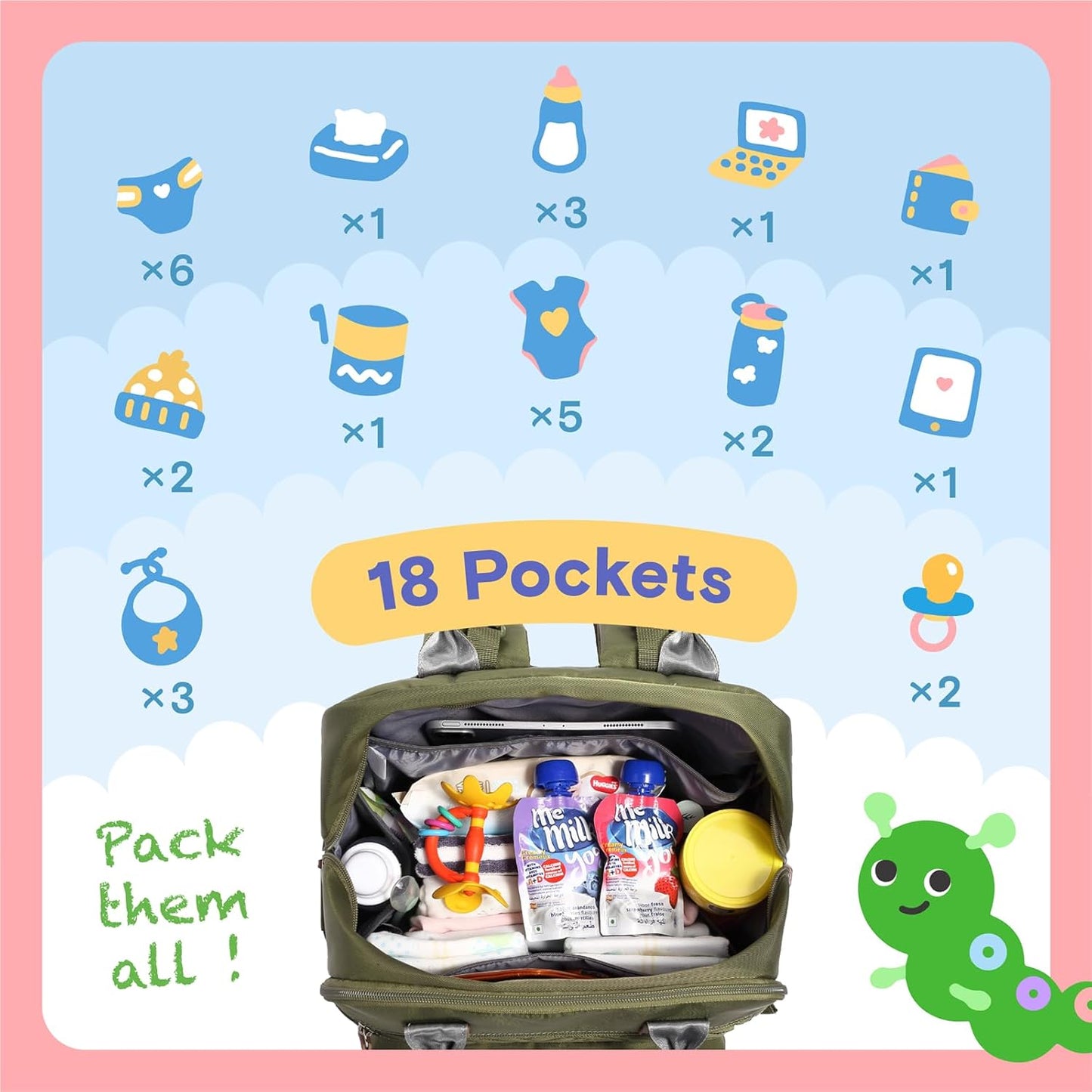 Diaper Bag Backpack, iniuniu Large Baby Bags with Diaper Pouch, Washable Changing Pad, Pacifier Case and Stroller Straps
