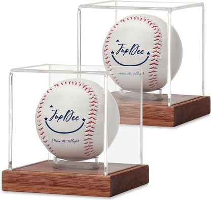 JupDec Baseball Display Case, Clear Cube Baseball Holder with Wooden Base, Autograph Baseball Stand Box for Single Ball, Acacia Wood, Brown, 1 Pack