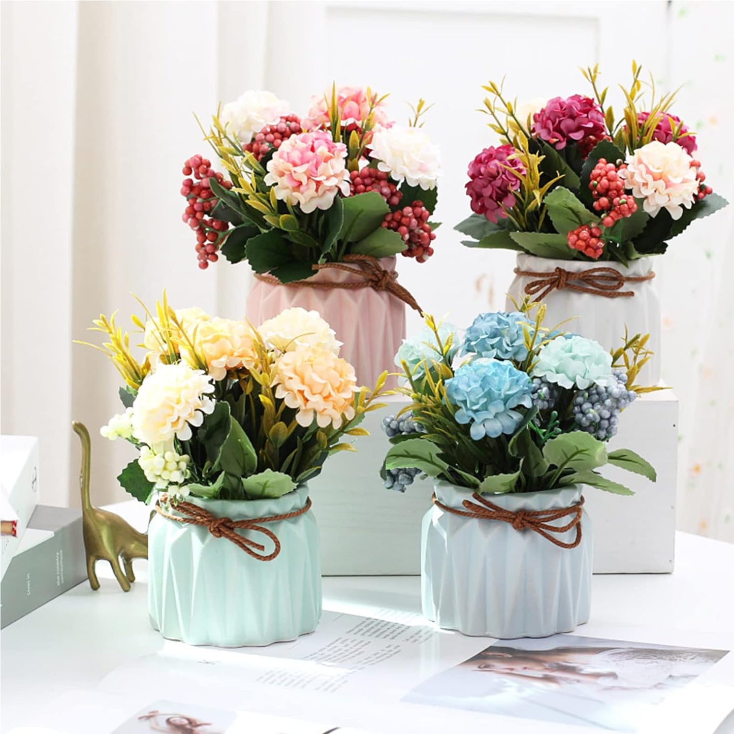BLOSMON White Fake Flowers with Vase: Small Coffee Table Decor Bathroom Hydrangea Faux Flowers in Vase Office Desk Shelf Home Living Room Bedroom Vanity nightstand Decorations Floral Arrangement