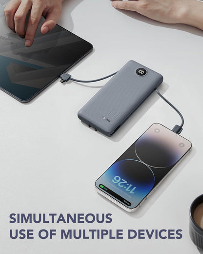 Power Bank Built-in Cables, VRURC 10000mAh Portable Charger USB C, Lightweight Charging Bank Built-in AC Plug, Replacement Battery Compatible with All Kinds of Cellphones, Tablet etc-Blue
