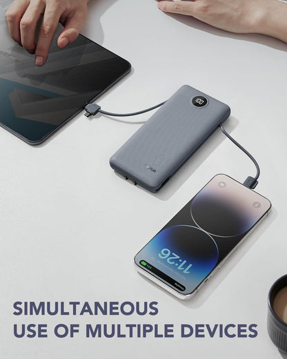 Portable Charger for iPhone, 10000mAh Power Bank with Built-in Cables & AC Wall Plug, USB C Phone Charger 5 Output External Battery Pack Compatible with iPhone Samsung Google Pixel Android -White