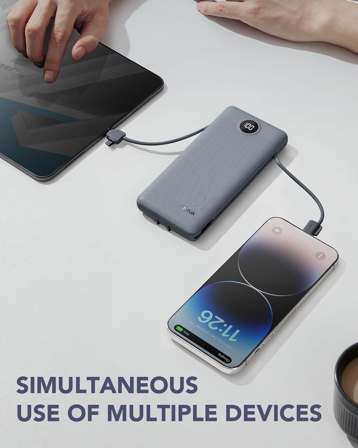Portable Charger Built-in Cables and AC Wall Plug, VRURC USB C Power Bank 10000mAh, [2025 Upgraded Version] Phone Charger Compact Lightweight External Battery Pack for Smart Phones,Navy Blue