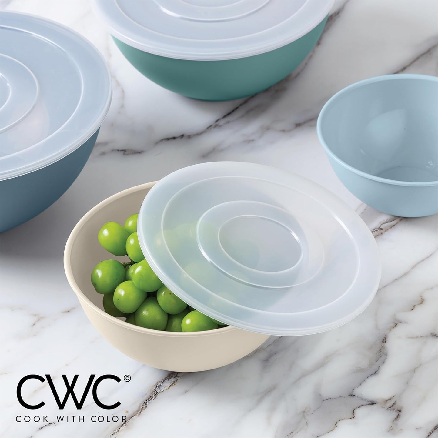 COOK WITH COLOR Mixing Bowls with TPR Lids - 12 Piece Plastic Nesting Bowls Set Includes 6 Prep Bowls and 6 Lids, Microwave Safe Mixing Bowl Set (Green)