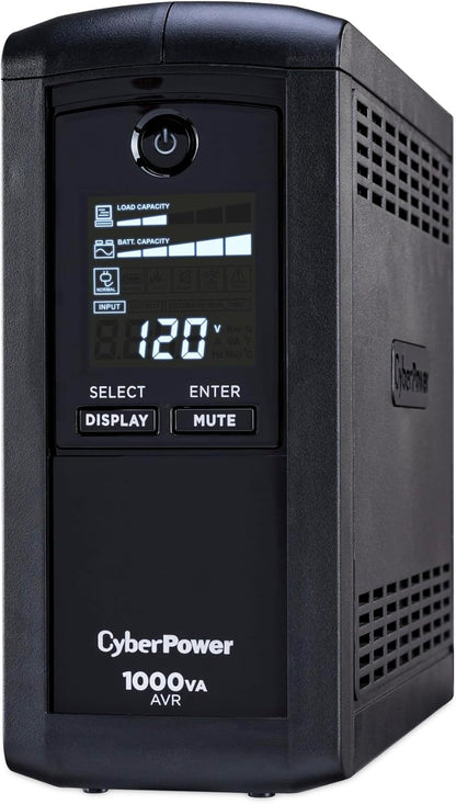CyberPower CP1500AVRLCD3 Intelligent LCD UPS System, 1500VA/900W, 12 Outlets, 2 USB Ports, AVR, Mini Tower, Black