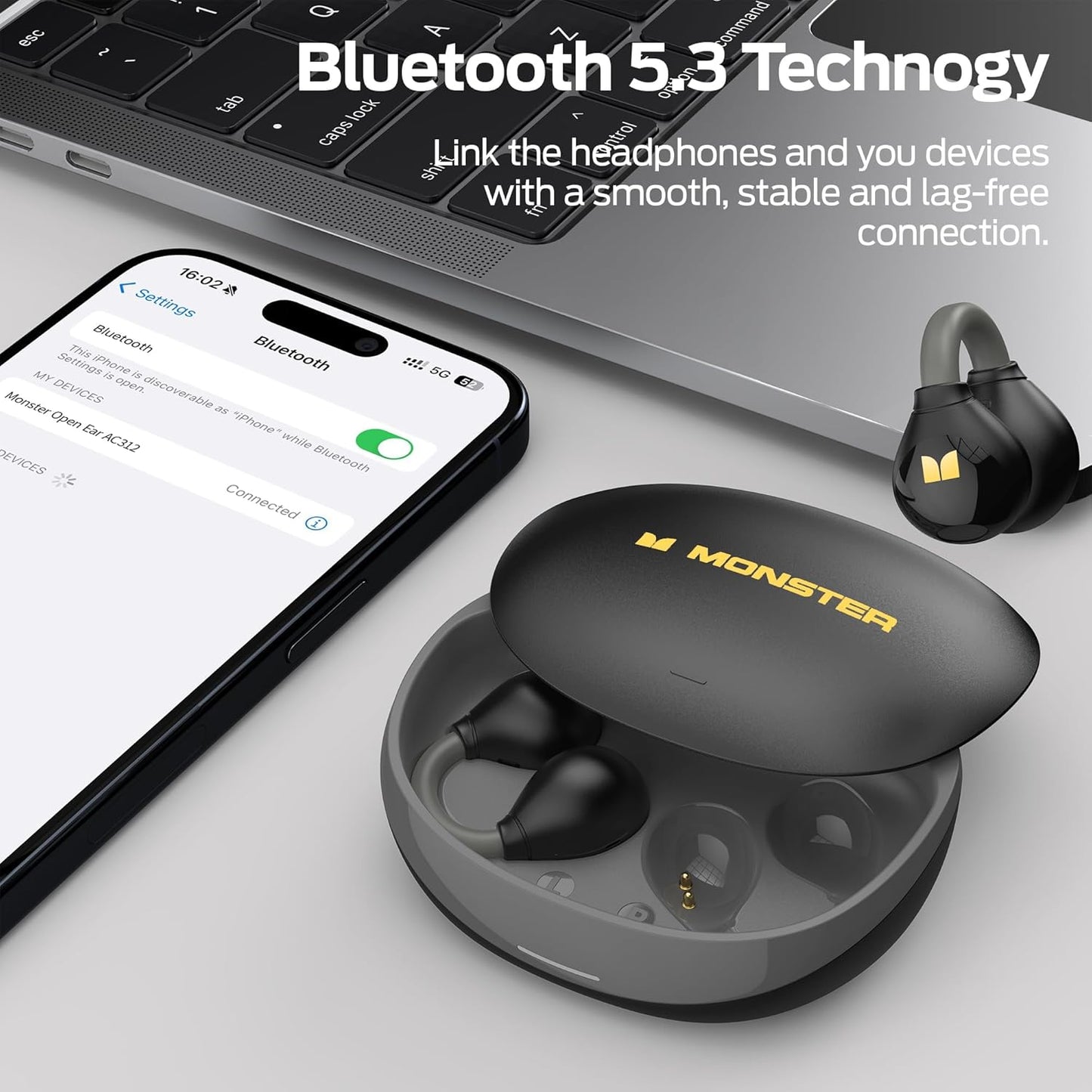 Monster Open Ear AC500 Headphones, Clip-On Earbuds, Bluetooth 5.3 Earphones, Lightweight Comfort, Hi-Fi Sound, 30H Playtime, Touch Control, IPX5 Waterproof Wireless Earbuds for Sport Workout