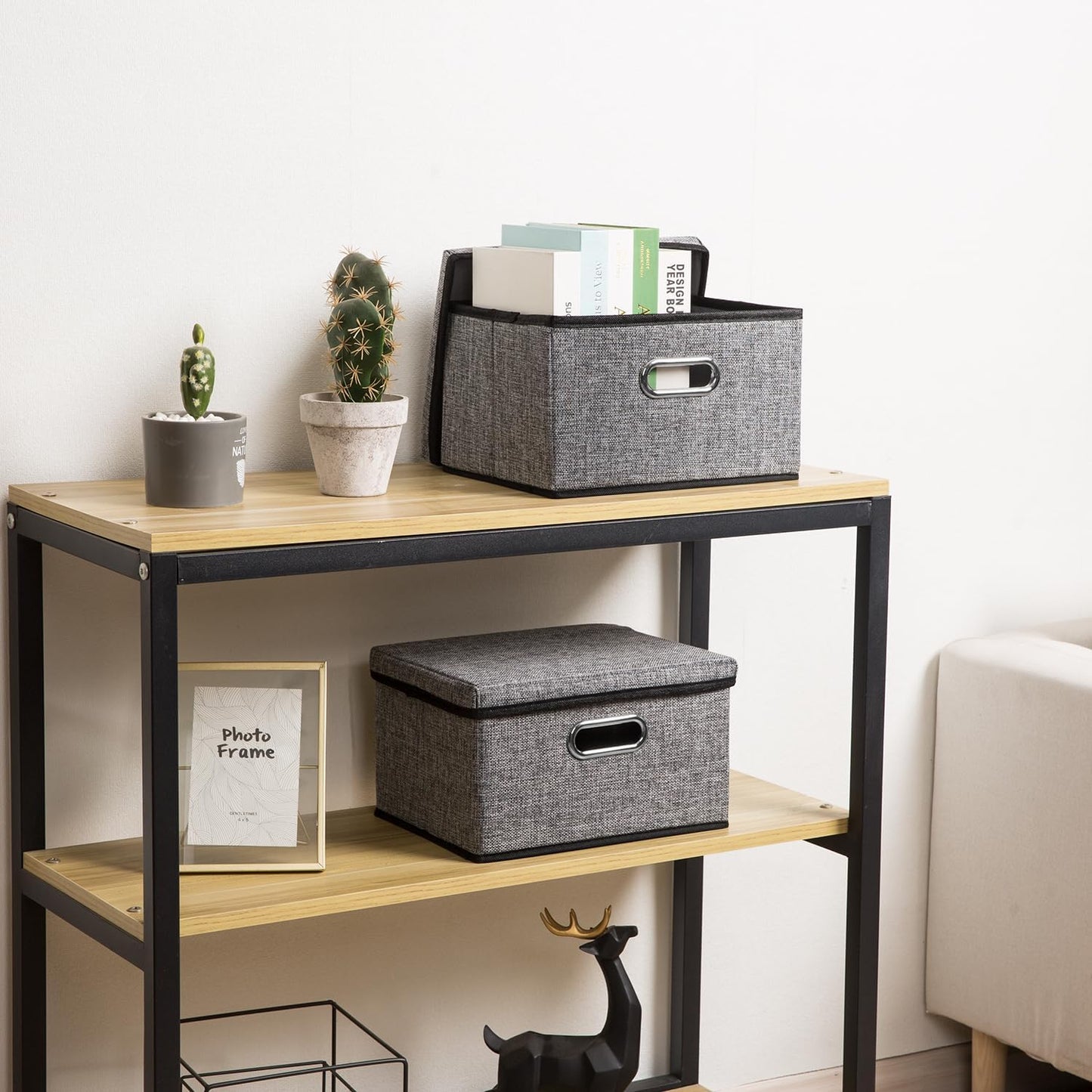 PRANDOM Large Foldable Storage Bin with Lid [1-Pack] Linen Fabric Decorative Storage Box Organizer Containers Basket Cube with Handles Divider for Bedroom Closet Office Living Room (17.7x11.8x11.8")