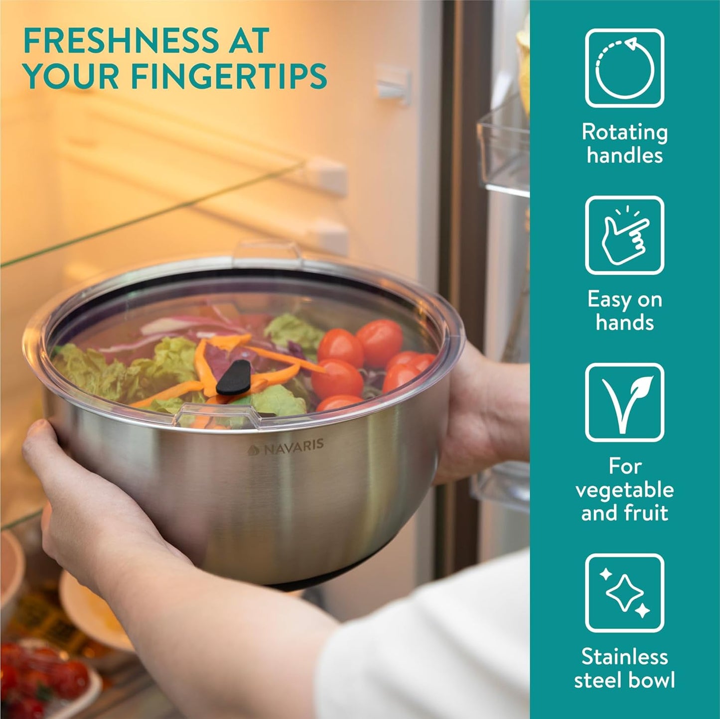 Navaris Salad Spinner with Lid - Salad Spinner Stainless Steel - Salad Dryer - Easy Washing, Drying and Spinning - Includes Grating and Slicing Discs